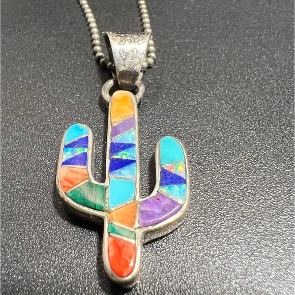 Vtg Earl Plummer Signed Sterling Silver Inlay Cactus Pendant Necklace Ball Chain - Picture 4 of 8